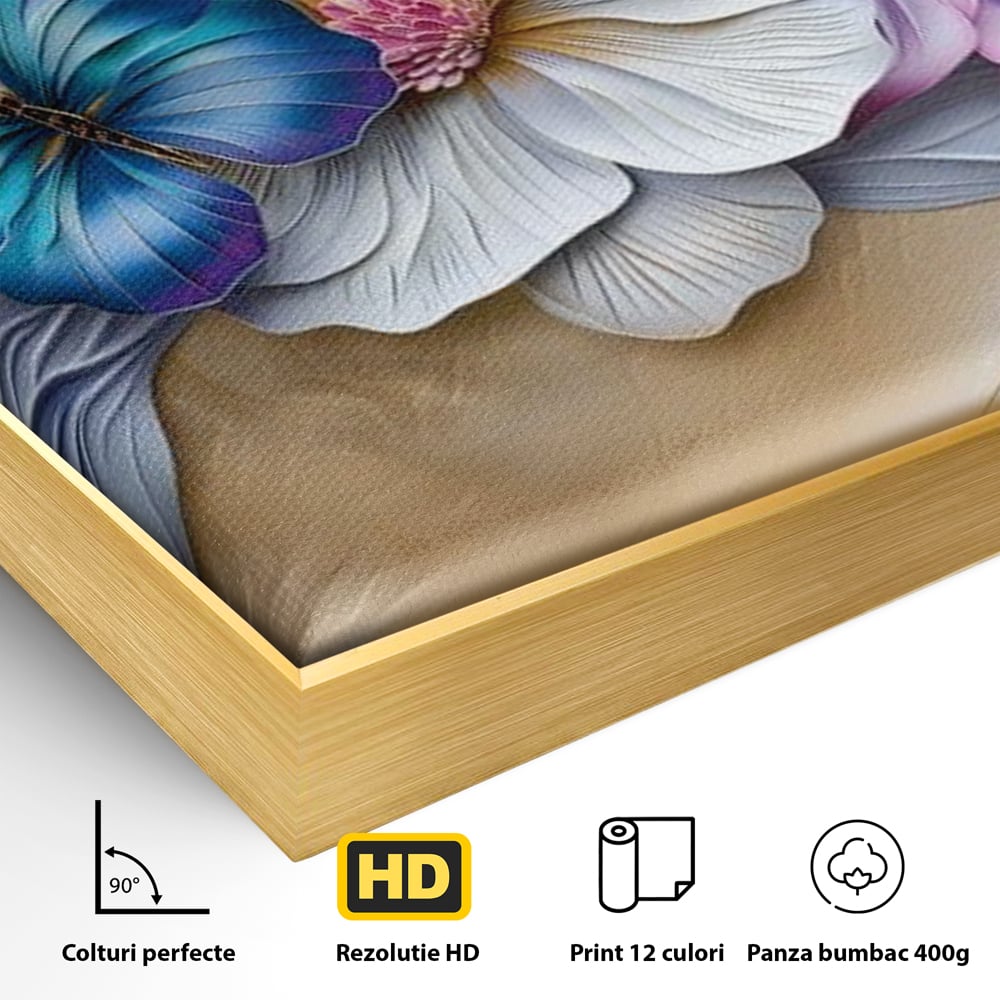 Detaliu al suprafetei: tablou canvas cu flori si fluture, in rama de aluminiu auriu